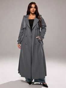 Rustia Plus Size Solid Color Double-Breasted Lapel Long Sleeve Casual Long Windbreaker Fall - Dark Grey - View 4