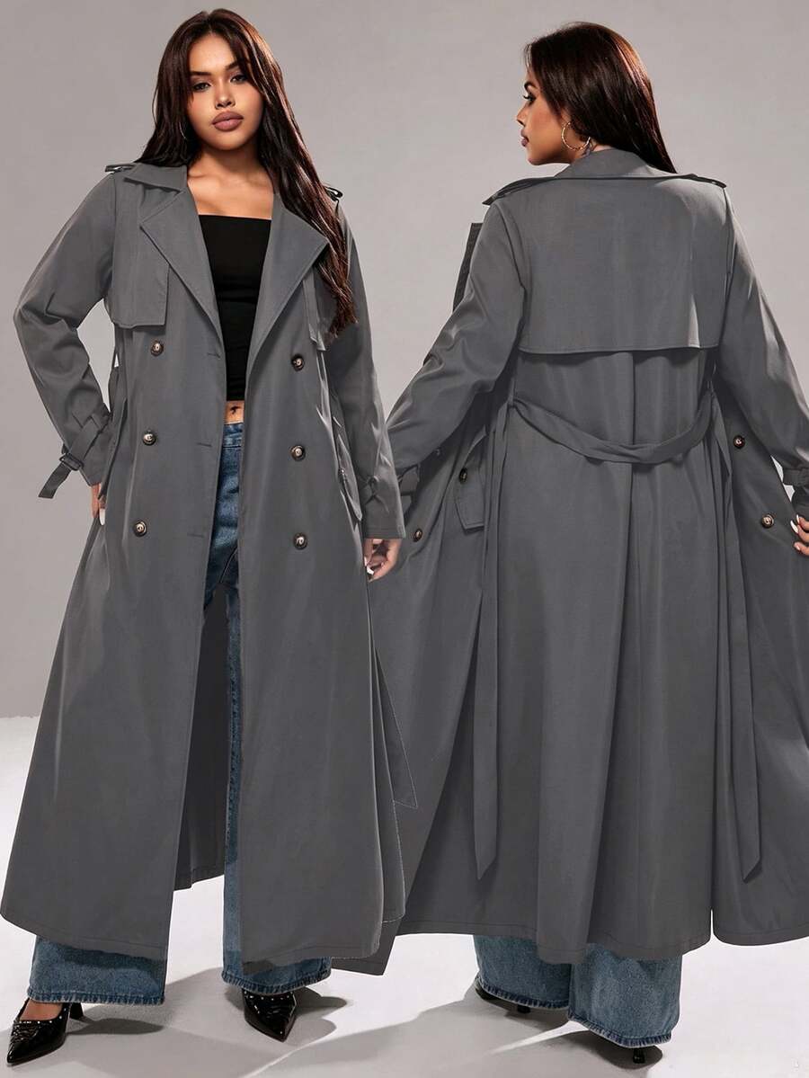 Rustia Plus Size Solid Color Double-Breasted Lapel Long Sleeve Casual Long Windbreaker Fall - Dark Grey - View 1