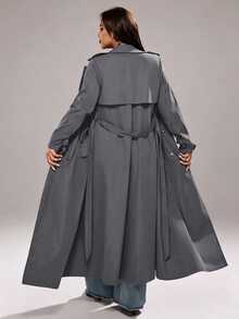 Rustia Plus Size Solid Color Double-Breasted Lapel Long Sleeve Casual Long Windbreaker Fall - Dark Grey - View 2