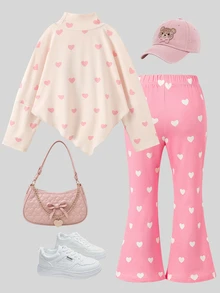 SHEIN 2pcs/Set Baju Anak Perempuan Balita Lengan Panjang Asimetris Leher Sedang & Celana Panjang Mengembang, Atasan dengan Dekorasi Motif Beruang, Atasan dan Celana dengan Desain Hati yang Serasi, Modis dan Mewah, Cocok untuk Musim Semi dan Gugur, Sempurna untuk Pemakaian Sehari-hari, Memberikan Berbagai Pilihan untuk Lemari Pakaian Bayi dan Aktivitas Sehari-hari - Berwarna merah muda - View 2