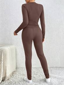 Chiquease Women's Winter Solid Color Thick Thermal Lined 2 Pieces Set Everyday Travel Coffee Brown Basic Modest - Brown - View 2