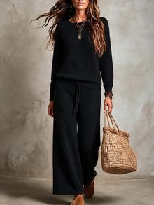 SHEIN Minimalist Basic Casual Commuter Knit Set, Dropped Shoulder Long Sleeve Top High Waist Straight Wide Leg Pants Lounge Brunch Black Fall - Black - View 5