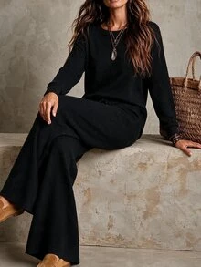 SHEIN Minimalist Basic Casual Commuter Knit Set, Dropped Shoulder Long Sleeve Top High Waist Straight Wide Leg Pants Lounge Brunch Black Fall - Black - View 6