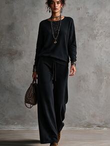 SHEIN Minimalist Basic Casual Commuter Knit Set, Dropped Shoulder Long Sleeve Top High Waist Straight Wide Leg Pants Lounge Brunch Black Fall - Black - View 3