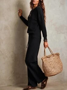 SHEIN Minimalist Basic Casual Commuter Knit Set, Dropped Shoulder Long Sleeve Top High Waist Straight Wide Leg Pants Lounge Brunch Black Fall - Black - View 4