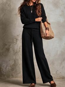 SHEIN Minimalist Basic Casual Commuter Knit Set, Dropped Shoulder Long Sleeve Top High Waist Straight Wide Leg Pants Lounge Brunch Black Fall - Black - View 7