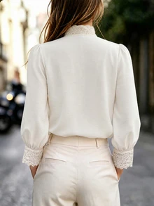SHEIN LUNE CURVE Plus Size Women Solid Color Contrast Lace Cutout V-Neck Puff Long Sleeve Elegant Blouse Fall - Apricot - View 2