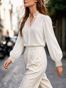 SHEIN LUNE CURVE Plus Size Women Solid Color Contrast Lace Cutout V-Neck Puff Long Sleeve Elegant Blouse Fall - Apricot - View 6