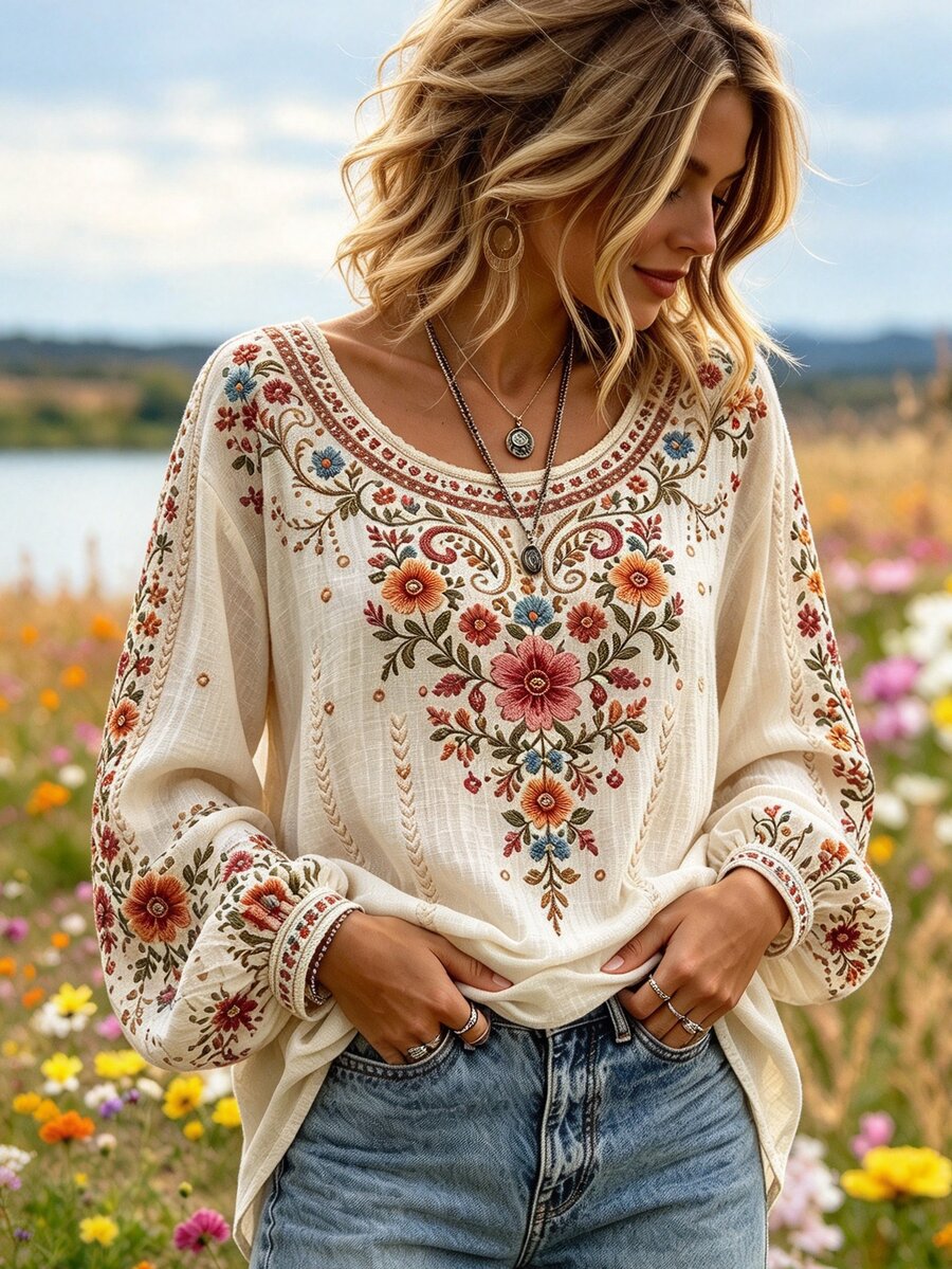 Selamara Áo tay dài nữ thời trang vintage boho họa tiết hoa, màu be, cho mùa thu/đi du lịch - Nhiều màu - Xem 1