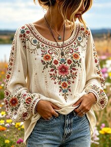Selamara Áo tay dài nữ thời trang vintage boho họa tiết hoa, màu be, cho mùa thu/đi du lịch - Nhiều màu - Xem 5