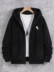 SHEIN 男童秋季保暖內裡長袖連帽夾克，黑色拼接連帽抓絨棒球夾克 - 黑色 - 查看 1