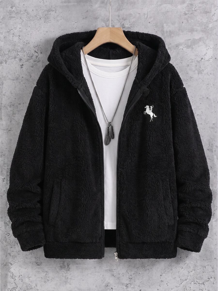 SHEIN 男童秋季保暖內裡長袖連帽夾克,黑色拼接連帽抓絨棒球夾克 - 黑色 - 查看 1