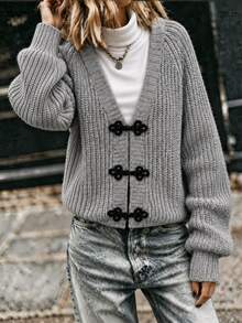 Balvessa Women's Loose Casual Knitted Cardigan With Frog Button Placket And Long Sleeves - Grey - View 6