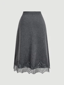 SHEIN MOD Plus Size Lace Patchwork Cardigan & Knit Skirt Set Winter - Grey - View 11