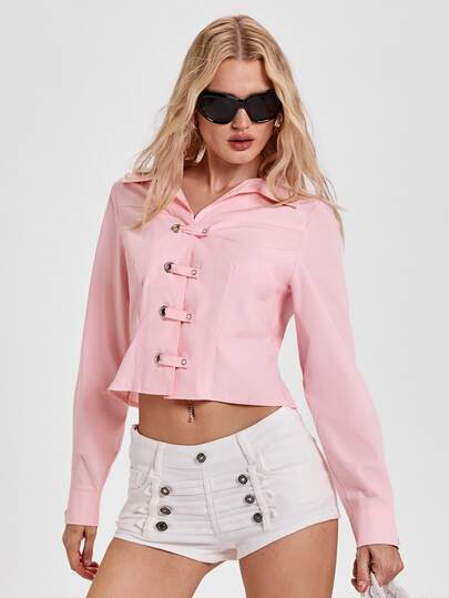 ROMWE Autumn/Winter Millennium Style Pink New Year Outfit Hot Girl Y2K Casual Slim Fit Cinched Waist Short Long Sleeve Women's Blouse