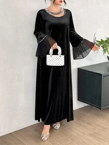 Al Najma Elegant Beaded Velvet Abaya, Black Loose Fit Long Sleeve Dress For Muslim Women, Suitable For Festivals And Gatherings - Black - View 3