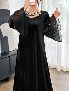 Al Najma Elegant Beaded Velvet Abaya, Black Loose Fit Long Sleeve Dress For Muslim Women, Suitable For Festivals And Gatherings - Black - View 7
