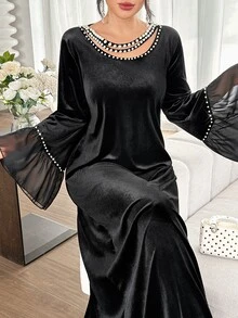 Al Najma Elegant Beaded Velvet Abaya, Black Loose Fit Long Sleeve Dress For Muslim Women, Suitable For Festivals And Gatherings - Black - View 1