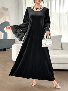 Al Najma Elegant Beaded Velvet Abaya, Black Loose Fit Long Sleeve Dress For Muslim Women, Suitable For Festivals And Gatherings - Black - View 5