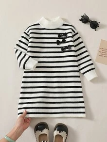 女童高領長袖條紋蝴蝶結裝飾圓領寬鬆時尚甜美荷葉邊針織毛衣洋裝，優雅時髦柔軟百搭冬季款 - 白色 - 查看 9
