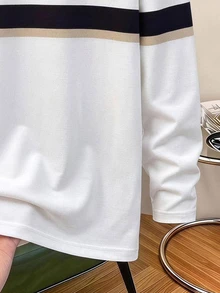 1件青少年男孩休閒簡約學院風條紋印花長袖圓領T恤，時尚休閒設計，適合秋冬穿著，適合4-7歲男孩日常穿著，適合運動、外出、學校及返校季，面料柔軟舒適，版型時尚，秋冬新款，適合多季節與多場合 - 白色 - 查看 5