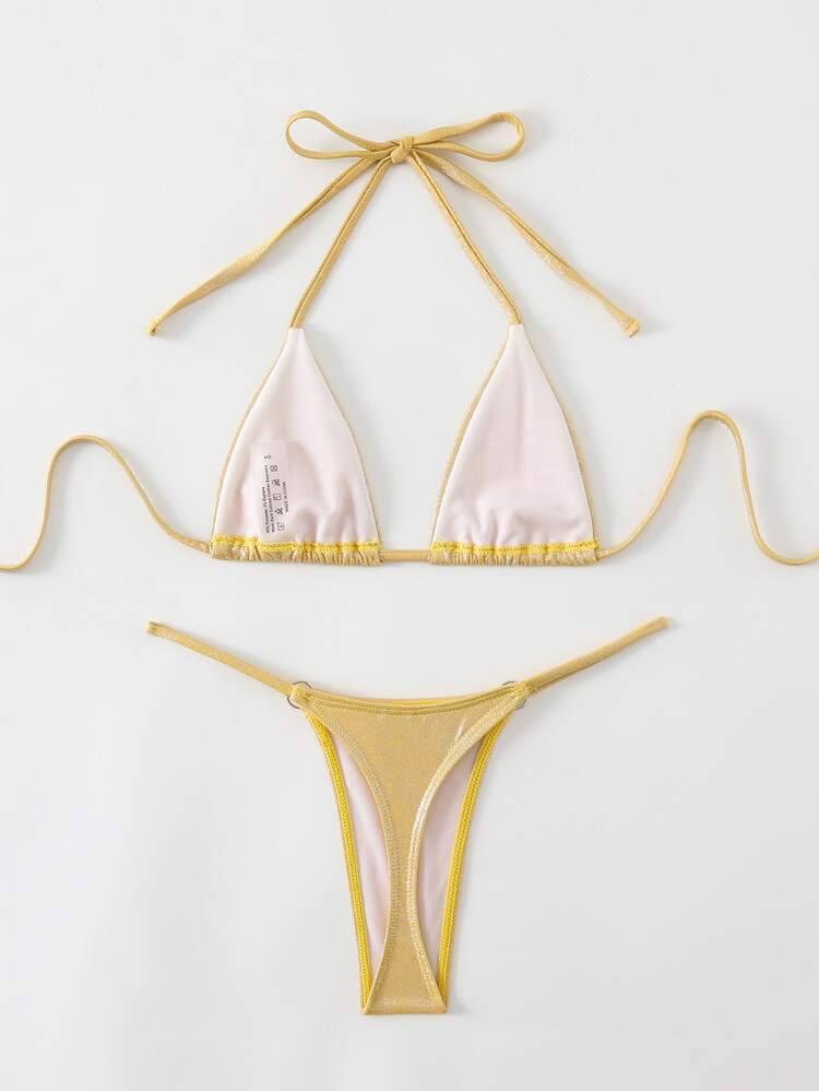 SHEIN Swim Women's Summer Beach Solid Color Bright Sequined Halterneck Bikini Set - Gold - View 2