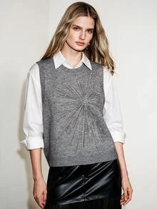 Aveloria Modichic Women's Knit Vest Regular Straight Fit Round Neck Sleeveless Radial Rhinestone Pearl Elegant Grey Solid Fall Clothes Tops Dinner Everyday - Grey - View 1