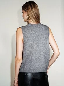 Aveloria Modichic Women's Knit Vest Regular Straight Fit Round Neck Sleeveless Radial Rhinestone Pearl Elegant Grey Solid Fall Clothes Tops Dinner Everyday - Grey - View 2