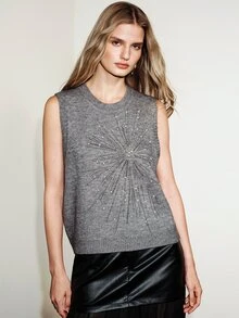 Aveloria Modichic Women's Knit Vest Regular Straight Fit Round Neck Sleeveless Radial Rhinestone Pearl Elegant Grey Solid Fall Clothes Tops Dinner Everyday - Grey - View 8