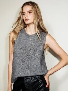 Aveloria Modichic Women's Knit Vest Regular Straight Fit Round Neck Sleeveless Radial Rhinestone Pearl Elegant Grey Solid Fall Clothes Tops Dinner Everyday - Grey - View 5