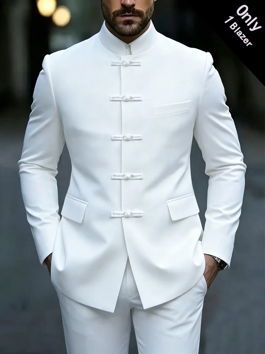 Calvornis Blazer Jas Pria Mewah dengan Desain Kancing Katak dan Kerah Tegak, Desain Kerah Tegak Memberikan Lebih Banyak Gaya dan Lapisan, Cocok untuk Perjalanan Sehari-hari, Bisnis, Pesta, dan Jamuan Makan. Jaket Jas Ini Merupakan Item Serbaguna yang Penting dalam Lemari Pakaian Pria, Menjadikannya Hadiah yang Sangat Baik untuk Pacar atau Suami, Formal - Putih - View 1