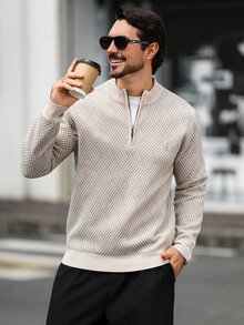 Manfinity Homme 男士針織百搭多功能毛衣，適合日常休閒中性穿著或外出，米色秋季教師節辦公工作教師節 - 米色 - 查看 7