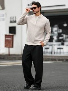 Manfinity Homme 男士針織百搭多功能毛衣，適合日常休閒中性穿著或外出，米色秋季教師節辦公工作教師節 - 米色 - 查看 6