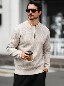 Manfinity Homme 男士針織百搭多功能毛衣，適合日常休閒中性穿著或外出，米色秋季教師節辦公工作教師節 - 米色 - 查看 3