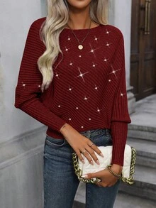 SHEIN Women Fall Winter Elegant Apricot Sweater,Textured Waist-Cinching Long-Sleeved Pullover Rhinestones,Sparkly Sequin Top For Tea Party New Year Dance - Dark Berry - View 4