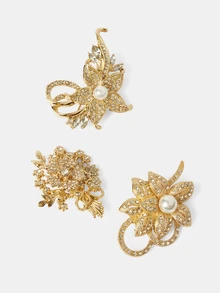 Aravennia 3pcs Vintage Faux Pearl & Rhinestone Butterfly Flower Brooch Set, Elegant Accessory For Suit, Coat, Gift For Friends And Mothers - Gold - View 2