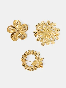 Aravennia 3pcs Vintage Faux Pearl Rhinestone Butterfly Flower Brooch Set, Elegant Accessory For Suit, Coat, Gift For Friends And Mothers - Gold - View 4