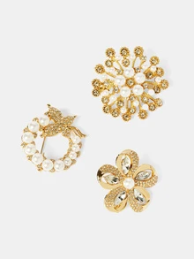 Aravennia 3pcs Vintage Faux Pearl Rhinestone Butterfly Flower Brooch Set, Elegant Accessory For Suit, Coat, Gift For Friends And Mothers - Gold - View 2