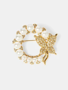 Aravennia 3pcs Vintage Faux Pearl Rhinestone Butterfly Flower Brooch Set, Elegant Accessory For Suit, Coat, Gift For Friends And Mothers - Gold - View 6