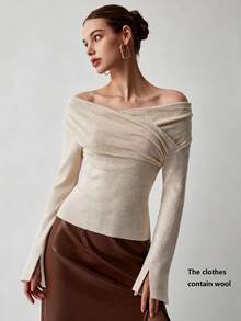 Elyressa Women's Solid Color Off-Shoulder Casual Daily Long Sleeve Sweater - White - View 1