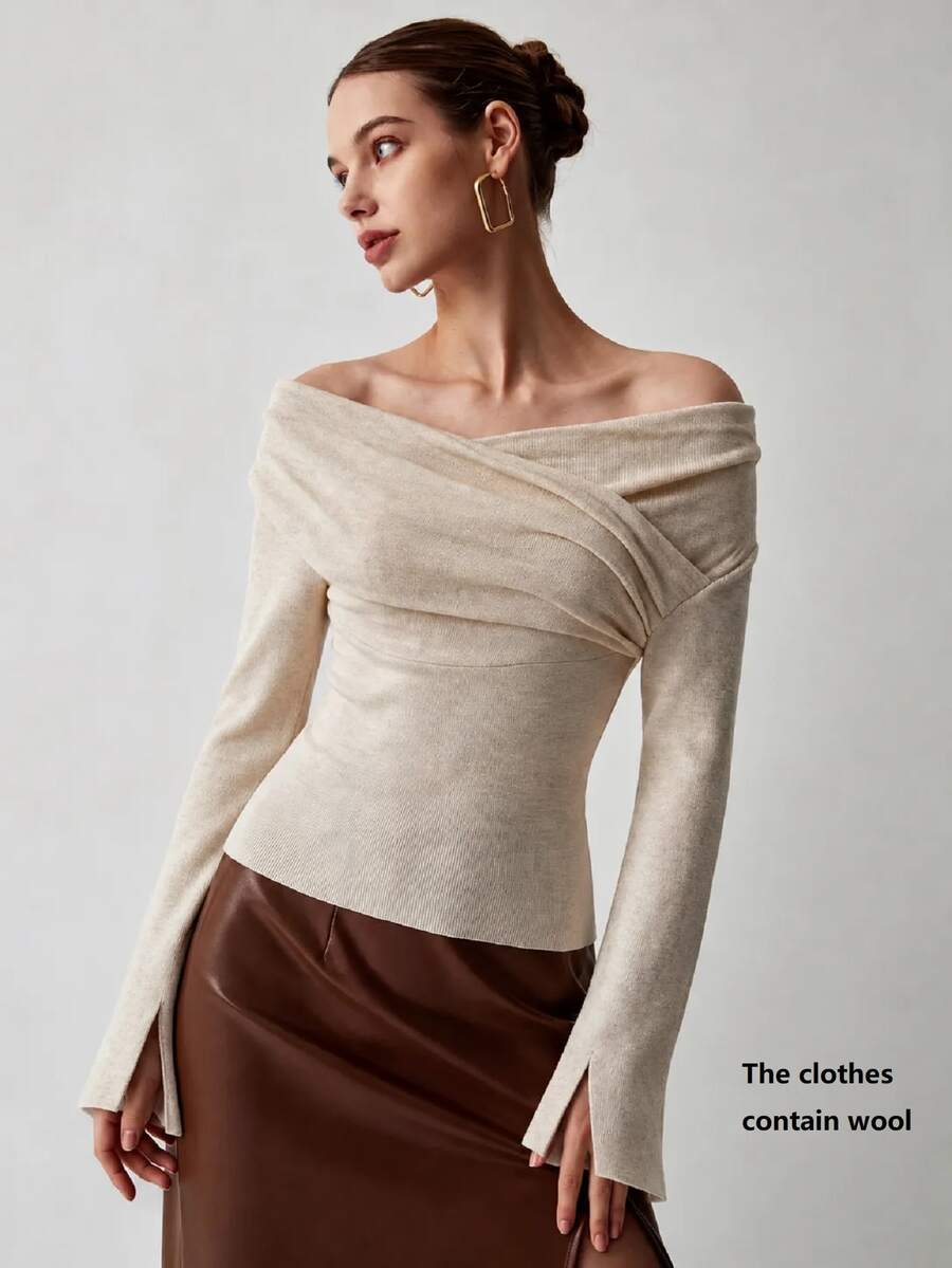 Elyressa Women's Solid Color Off-Shoulder Casual Daily Long Sleeve Sweater - White - View 1