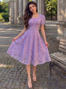 Modelyn 女款法式蕾絲優雅收腰長洋裝 - 紫色 - 查看 5