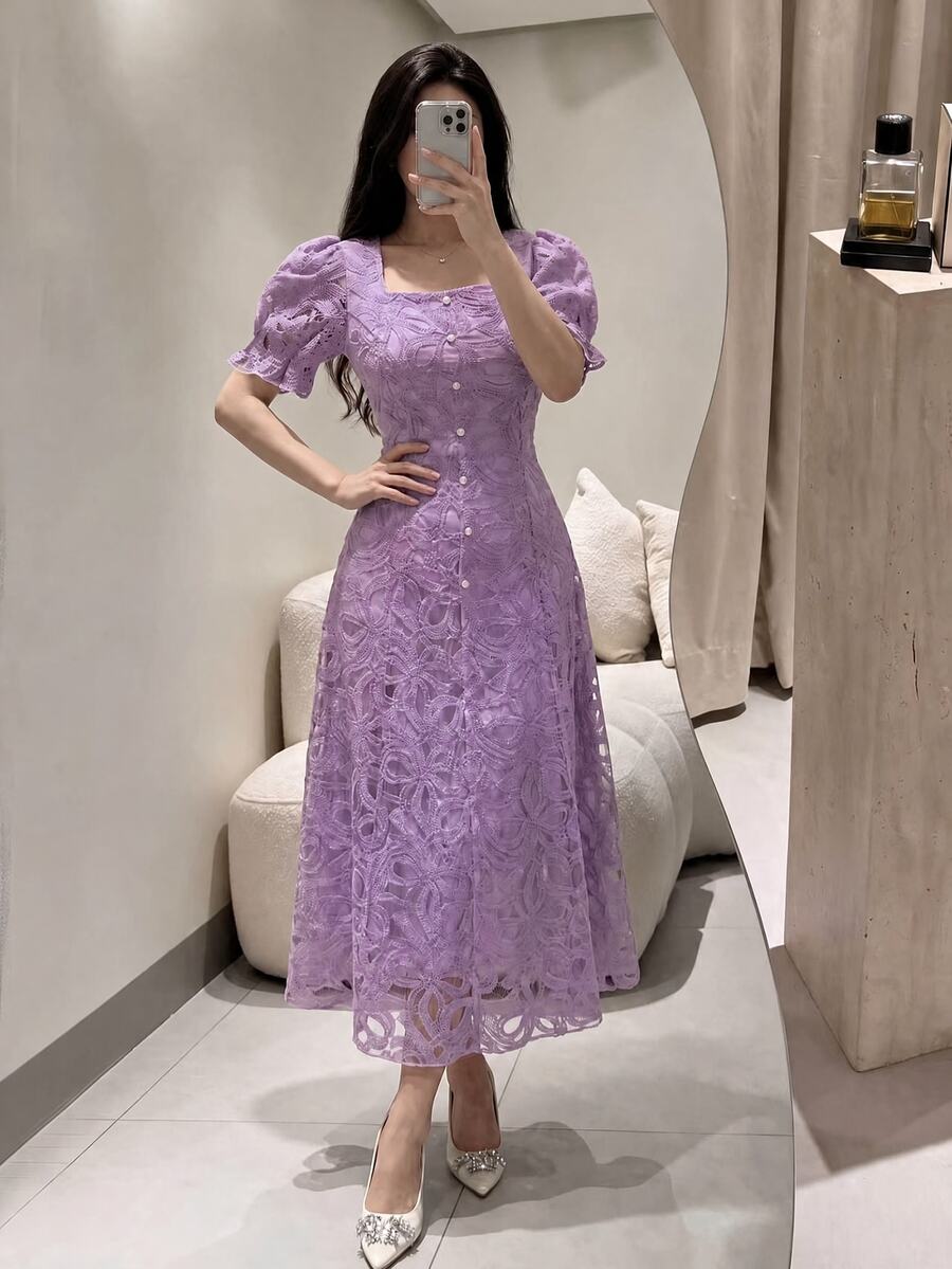 Modelyn 女款法式蕾絲優雅收腰長洋裝 - 紫色 - 查看 1