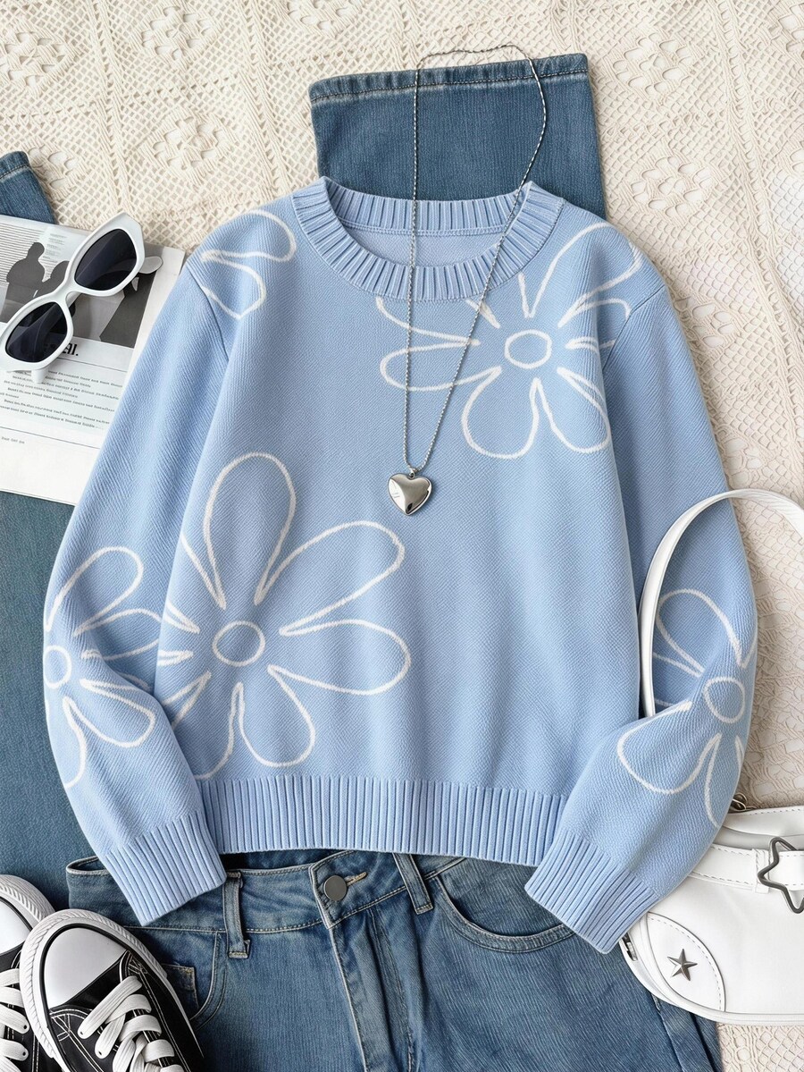 SHEIN Girls Floral Pattern Crew Neck Knit Sweater, Loose Fit Cute Pullover, Soft Fall Tops, Christmas Halloween Daily School Travel Holiday Party Wear