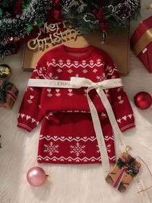 Young Girl Long Sleeve Heart Pattern Crew Neck Sweater And Skirt Knit Set Baby Shower Red Outdoor Indoor Wear Brown Matching Baby Doll Autumn Winter - Burgundy - View 9