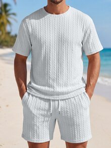 VENTUSAIL 男士休閒純色紋理圓領短袖T恤與短褲套裝，夏季、7月4日、度假穿搭、禮物、假期 - 白色 - 查看 2