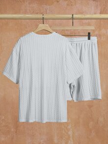 VENTUSAIL 男士休閒純色紋理圓領短袖T恤與短褲套裝，夏季、7月4日、度假穿搭、禮物、假期 - 白色 - 查看 6