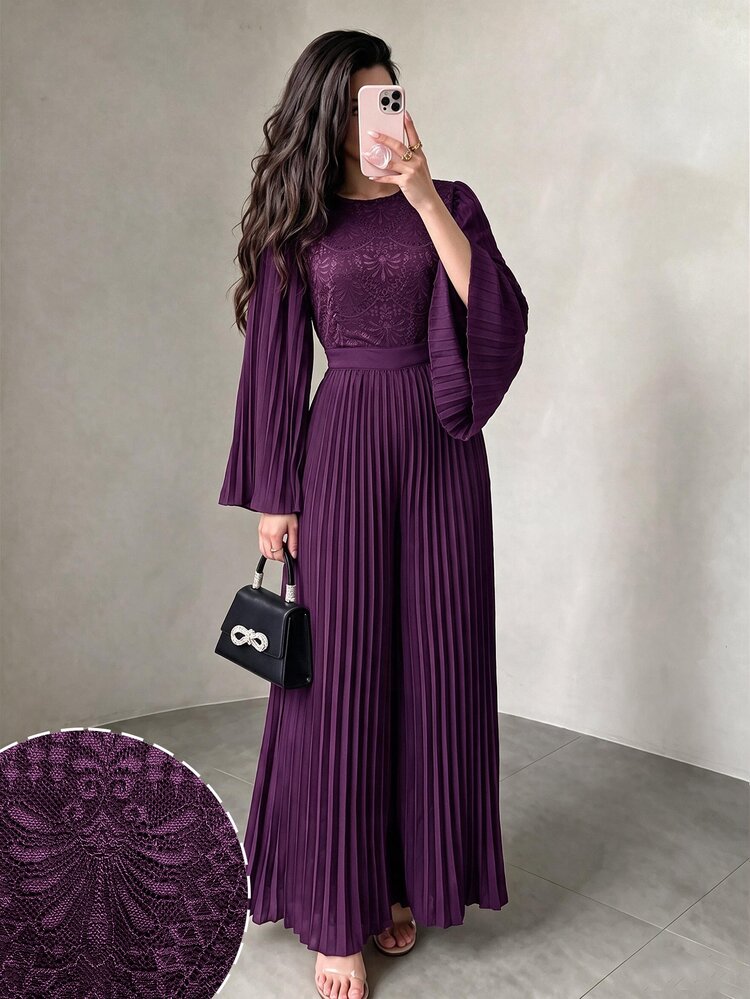 Modelyn Spring/Autumn Purple Round Neck Lace Patchwork Long Sleeve Slimming Pleated Wide Leg Women's Elegant Jumpsuit - Purple - View 5