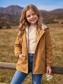 Tween Girl Mustard Yellow Patchwork Floral Cute Woven Open Front Jacket Single-Breasted Lining School Fall Halloween Christmas Off Campus Kawaii - Brown - View 5