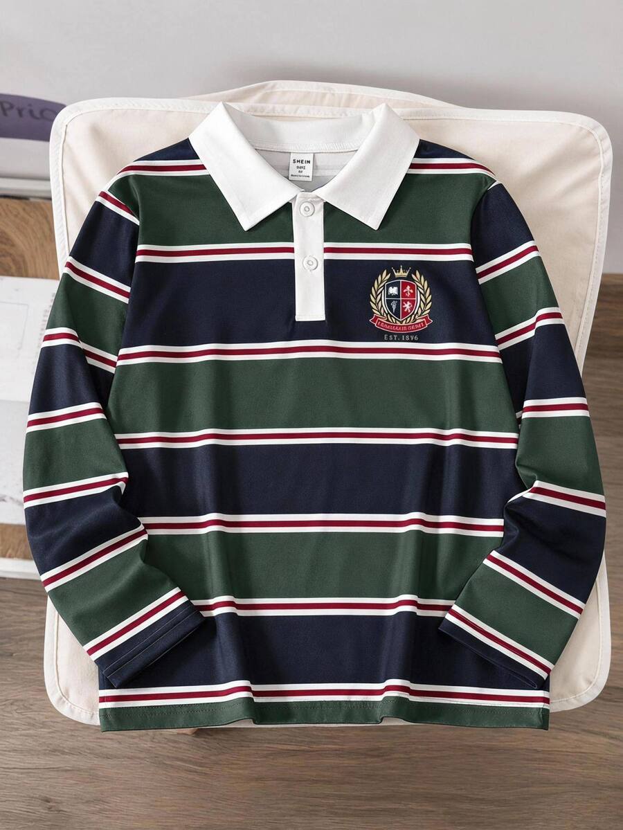 SHEIN 男孩對比領長袖 Polo 衫,簡約時尚秋季款 - 彩色 - 查看 1